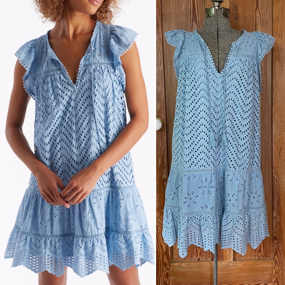 Allison New York Lucia Sky Blue Mini Eyelet Ruffle Cotton Swing Dress- Sz Large